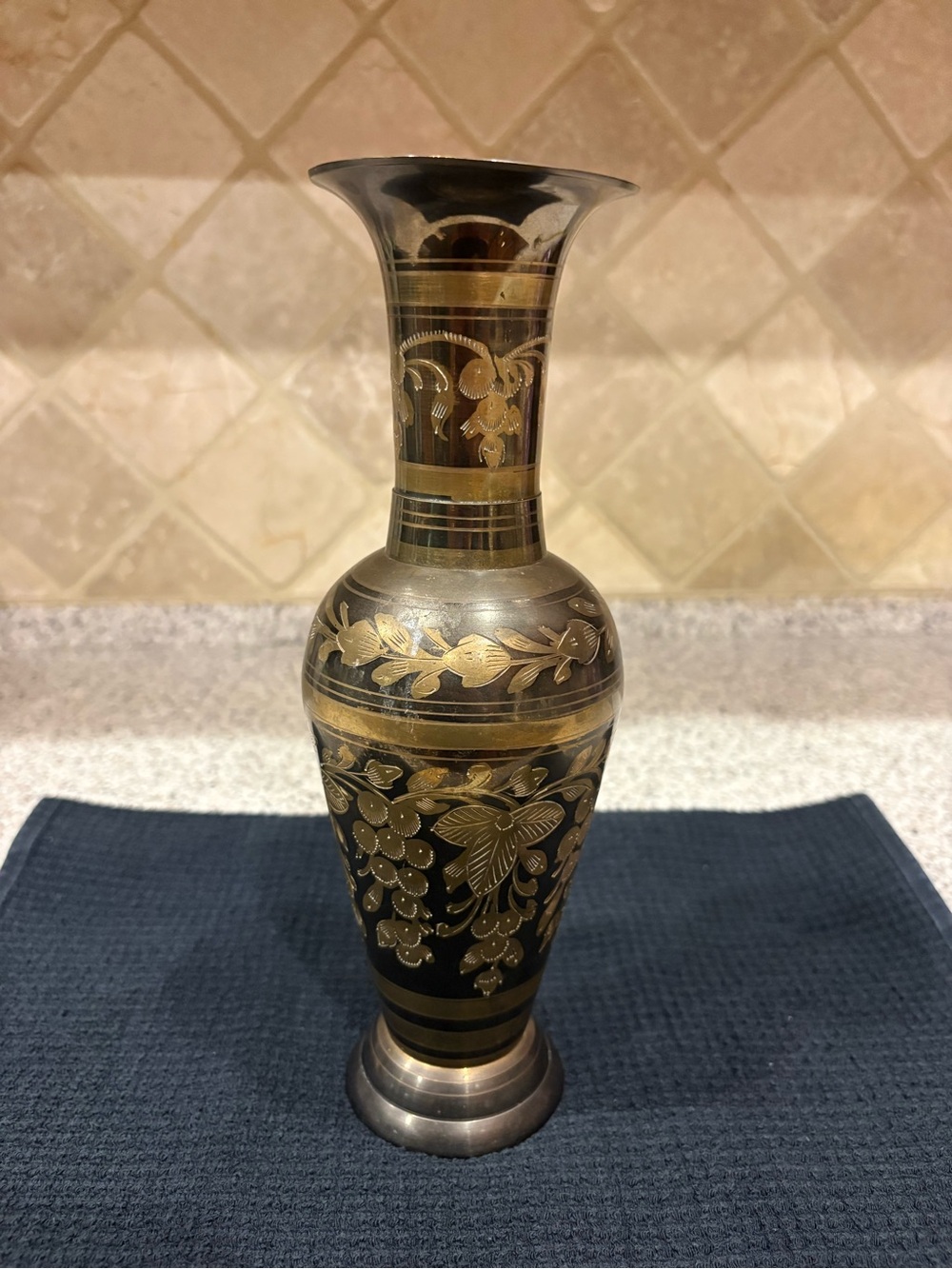 Vintage Etched Brass Vase 10” Tall Made In India